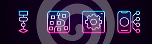 Set line Algorithm, Neural network, Computer api interface and . Glowing neon icon. Vector