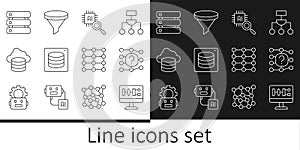 Set line Algorithm, Neural network, Processor CPU, Server, Data, Cloud database, and Funnel filter icon. Vector