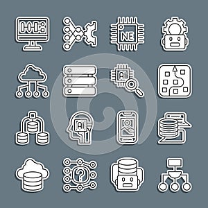 Set line Algorithm, Server, Data, Neural network, Processor CPU, Network cloud connection, and icon. Vector