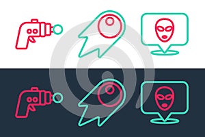 Set line Alien, Ray gun and Comet falling down fast icon. Vector