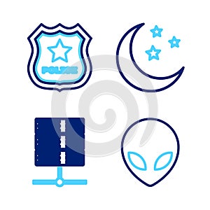 Set line Alien, Server, Data, Web Hosting, Moon and stars and Police badge icon. Vector