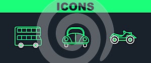 Set line All Terrain Vehicle or ATV motorcycle, Double decker bus and Car icon. Vector