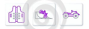 Set line All Terrain Vehicle or ATV motorcycle, Life jacket and Bicycle on street ramp icon. Vector