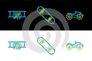 Set line All Terrain Vehicle or ATV motorcycle, Old retro vintage plane and Skateboard icon. Vector