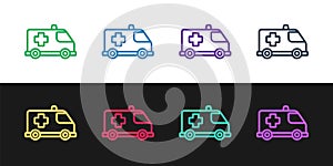 Set line Ambulance and emergency car icon isolated on black and white background. Ambulance vehicle medical evacuation