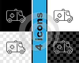 Set line Ambulance and emergency car icon isolated on black and white, transparent background. Ambulance vehicle medical