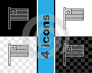 Set line American flag icon isolated on black and white, transparent background. Flag of USA. United States of America
