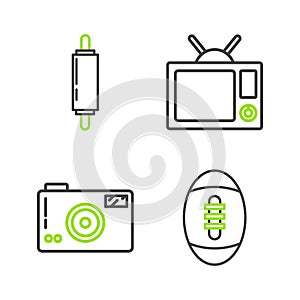 Set line American Football ball, Photo camera, Television and Rolling pin icon. Vector