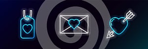Set line Amour with heart and arrow, Heart tag and Envelope Valentine icon. Glowing neon. Vector