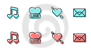 Set line Amour with heart and arrow, Music note, tone hearts, Heart and Envelope Valentine icon. Vector