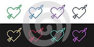 Set line Amour symbol with heart and arrow icon isolated on black and white background. Love sign. Valentines symbol