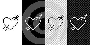 Set line Amour symbol with heart and arrow icon isolated on black and white background. Love sign. Valentines symbol
