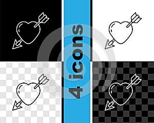 Set line Amour symbol with heart and arrow icon isolated on black and white, transparent background. Love sign