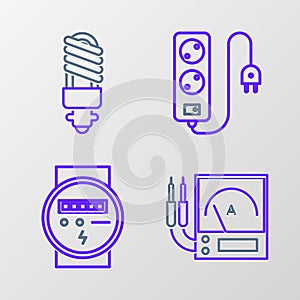 Set line Ampere meter, multimeter, voltmeter, Electric, extension cord and LED light bulb icon. Vector