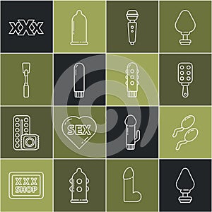 Set line Anal plug, Sperm, Spanking paddle, Dildo vibrator, Leather whip, Sex shop and icon. Vector