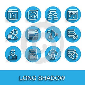 Set line Analyst engineer, Server, Data, Web Hosting, File missing, Cloud computing lock, Network cloud connection