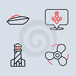 Set line Anchor, Lighthouse, Boat propeller and Speedboat icon. Vector