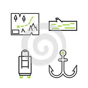 Set line Anchor, Suitcase, Wooden log and Folded map with location icon. Vector