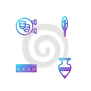 Set line Ancient amphorae, Greek pattern, Comedy and tragedy masks and Feather pen. Gradient color icons. Vector