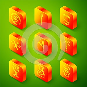 Set line Ancient coin, Garden pitchfork, Medieval flag, Crossed medieval, axe, goblet and Joker head icon. Vector