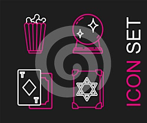 Set line Ancient magic book, Playing cards, Magic ball and Popcorn box icon. Vector