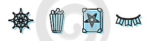 Set line Ancient magic book, Spider web, Popcorn in box and Carnival garland with flags icon. Vector