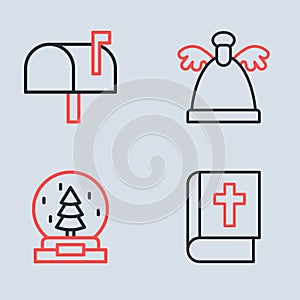 Set line Angel, Christmas snow globe, Holy bible book and Mail box icon. Vector