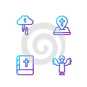 Set line Angel, Holy bible book, God's helping hand and Location church building. Gradient color icons. Vector