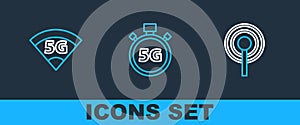 Set line Antenna, 5G network and Digital speed meter icon. Vector