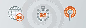 Set line Antenna, 5G network and Digital speed meter icon. Vector