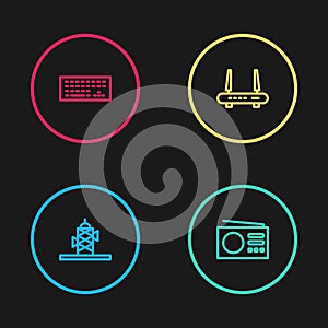 Set line Antenna, Radio, Router and wi-fi signal and Keyboard icon. Vector