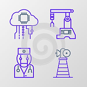 Set line Antenna, Robot doctor, Assembly line and Internet of things icon. Vector