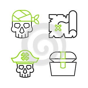 Set line Antique treasure chest, Pirate captain, map and icon. Vector