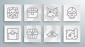 Set line Antique treasure chest, Pirate hat, map, Skull and Ship porthole with seascape icon. Vector