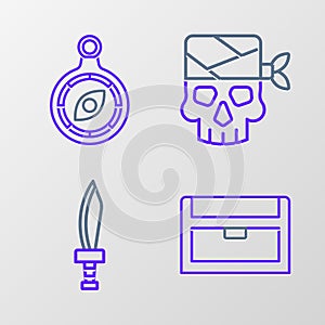 Set line Antique treasure chest, Pirate sword, captain and Compass icon. Vector