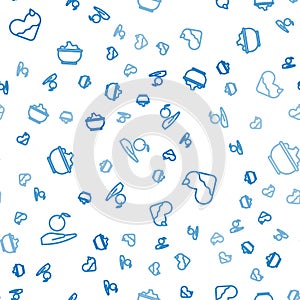 Set line Apple in hand, Heart heal and Sea salt bowl on seamless pattern. Vector