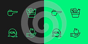 Set line Apple, Kcal, Sports nutrition proteine and Shopping bag and food icon. Vector