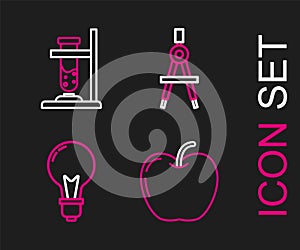 Set line Apple, Light bulb with concept of idea, Drawing compass and Glass test tube flask fire icon. Vector