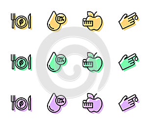 Set line Apple and measuring tape, Vegan food diet, Water balance and Finger blood icon. Vector