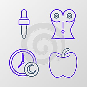 Set line Apple, Time to sleep, Women waist and Pipette with oil icon. Vector
