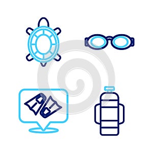 Set line Aqualung, Flippers for swimming, Glasses and Turtle icon. Vector