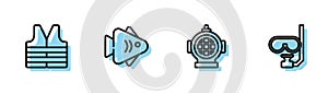 Set line Aqualung, Life jacket, Fish and Diving mask and snorkel icon. Vector