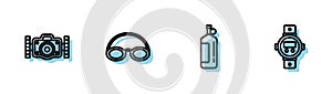 Set line Aqualung, Photo camera, Glasses and cap and Diving watch icon. Vector