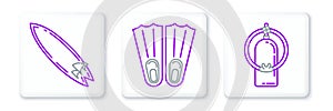 Set line Aqualung, Surfboard and Rubber flippers for swimming icon. Vector