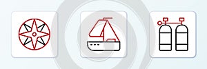 Set line Aqualung, Wind rose and Yacht sailboat icon. Vector