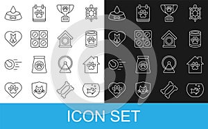 Set line Aquarium with fish, Pet house, Canned food, award symbol, Dog pill, Heart dog, bowl for cat or and icon. Vector