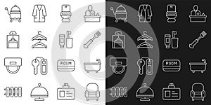 Set line Armchair, Bathtub, Fork, Toilet bowl, Hanger wardrobe, Lift, Covered with tray and Toothbrush and toothpaste