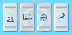 Set line Armored truck, Earth globe with dollar, Growth chart and progress in people crowd and Chain link icon. Vector