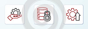 Set line Arrow growth gear, Hand settings and Server security with lock icon. Vector