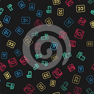 Set line Arrow shuffle, Cinema camera, Subtitles and Online play video on seamless pattern. Vector photo